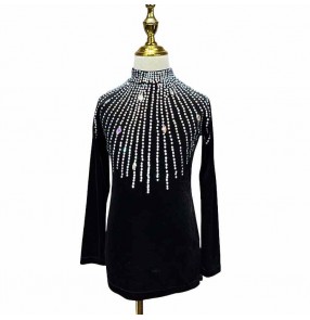 Boys kids rhinestones black velvet latin ballroom dance shirts turtle neck juvenile competition waltz tango latin performance tops 